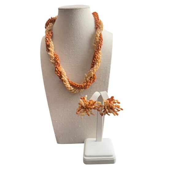 Hong Kong Signed Beige Brown Tan Tones Matching Necklace Clip‎ On Earring Set - Picture 6 of 7